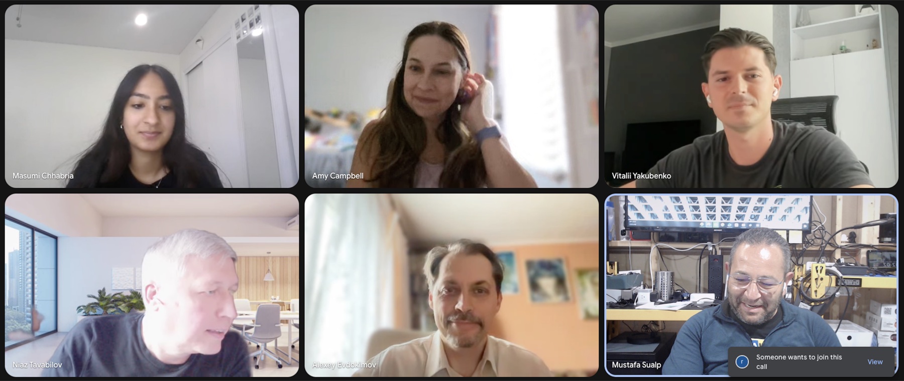A Sociail team video call with six team members joining from different locations.