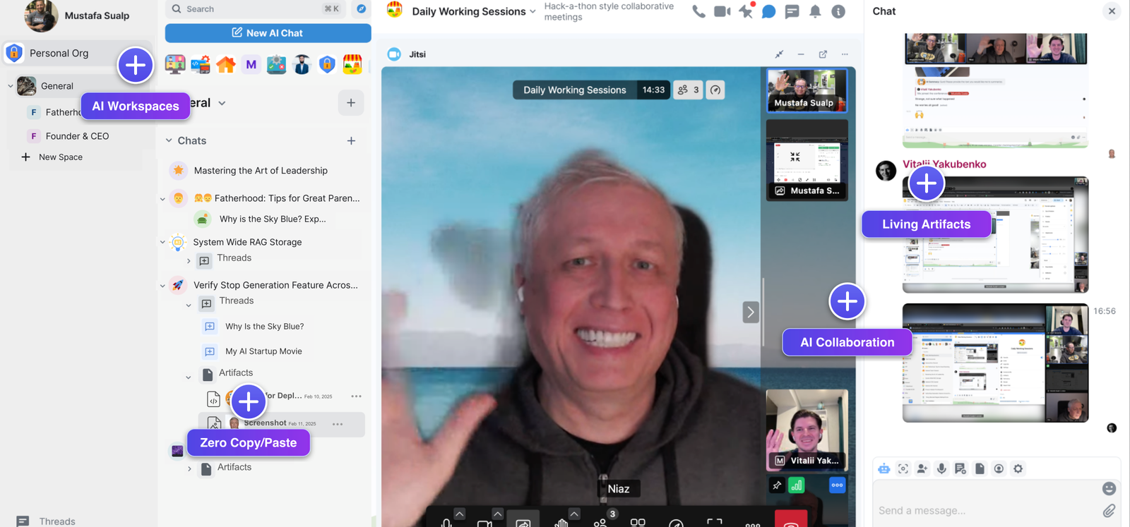 Sociail workspace screenshot showing a shared video session, AI workspaces, living artifacts, and collaborative context.