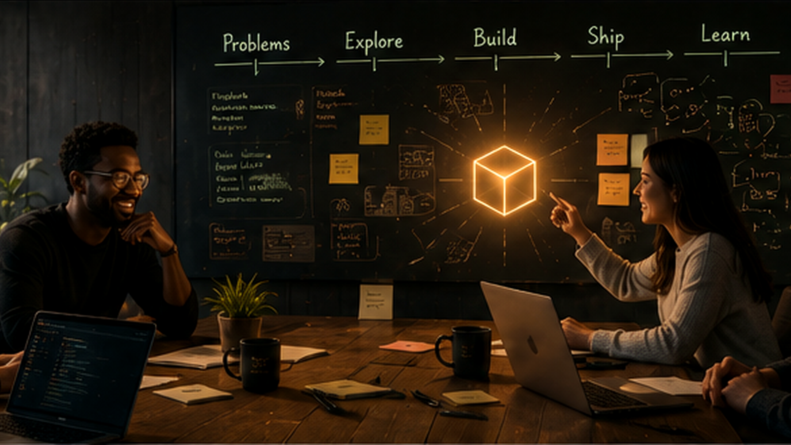 A shared AI collaboration room with people, agents, visible context, artifacts, permissions, and trust boundaries.