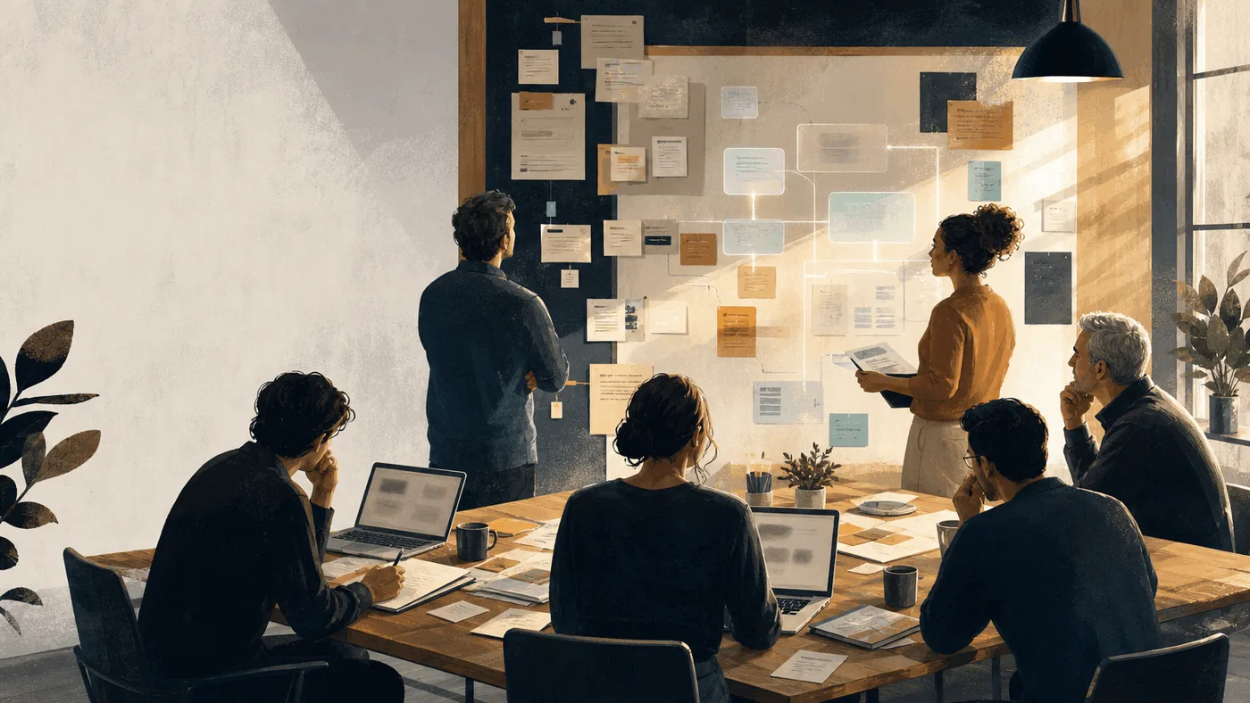 A shared AI collaboration room with people, AI teammates, visible context, artifacts, permissions, and trust boundaries.