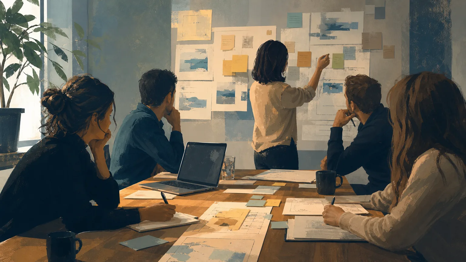 A small group in conversation around a table with a glowing shared-intelligence network connecting ideas, artifacts, and decisions.