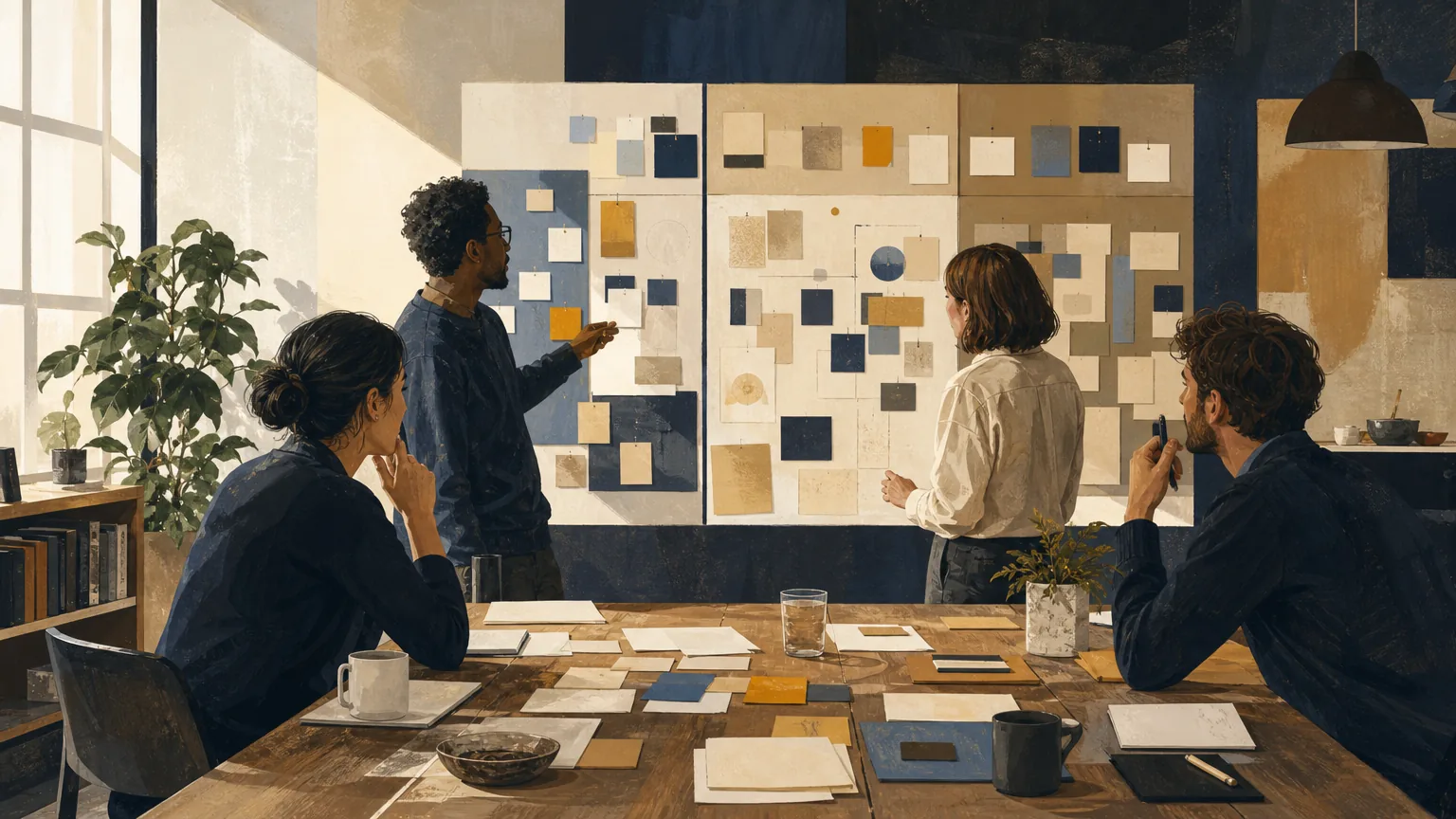 People gathered around a table as glowing idea paths connect sketches, notes, and shared work.