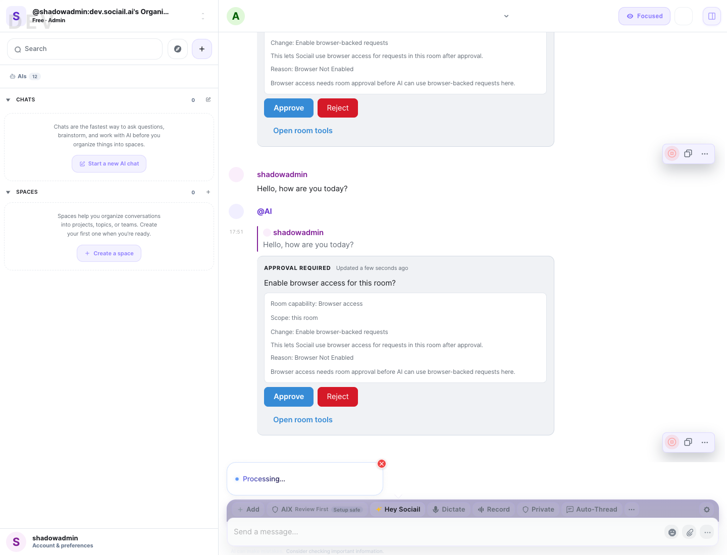 Hey Sociail live proof showing a normal AI response cycle
