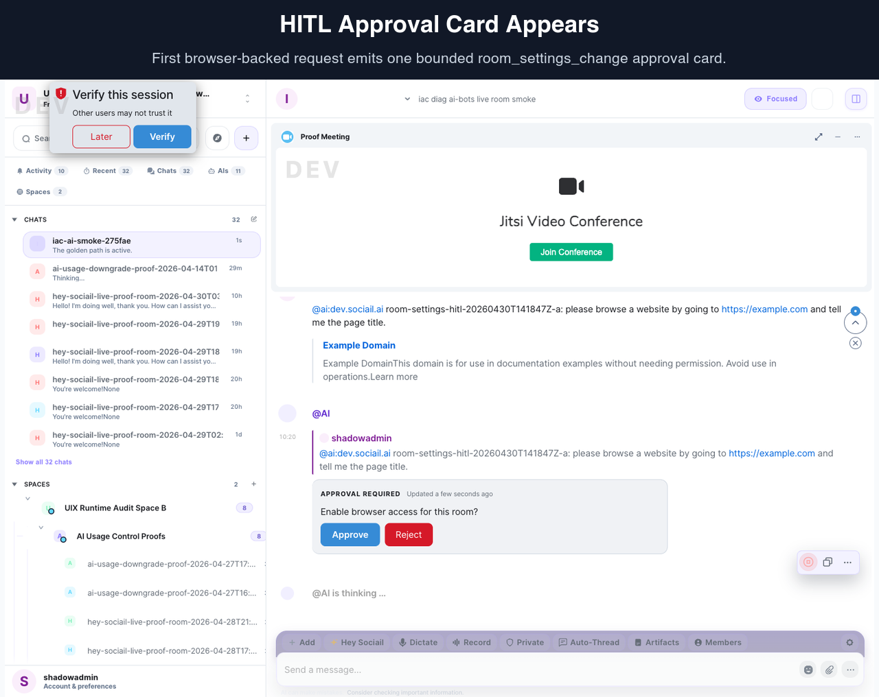 Sociail HITL approval card visible in a room