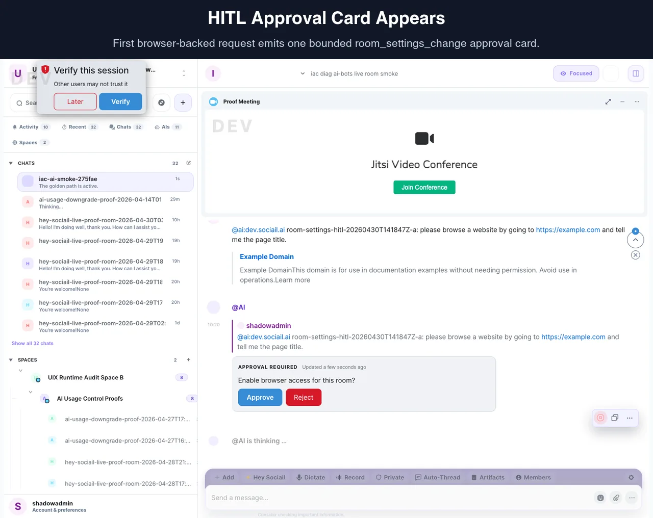 Sociail HITL approval card visible in a room