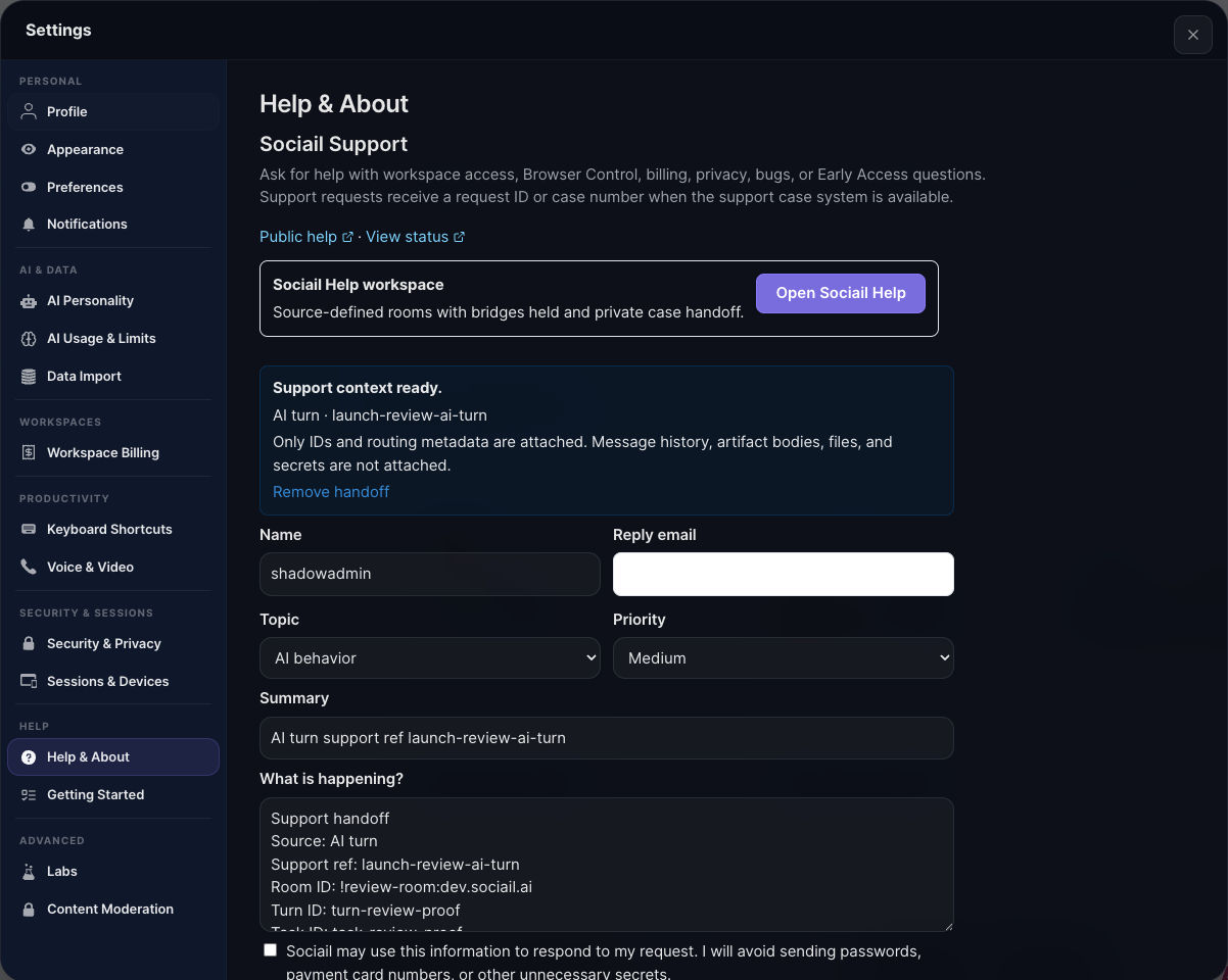 Sociail support handoff proof