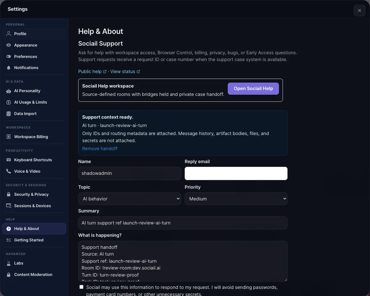 Sociail support handoff proof