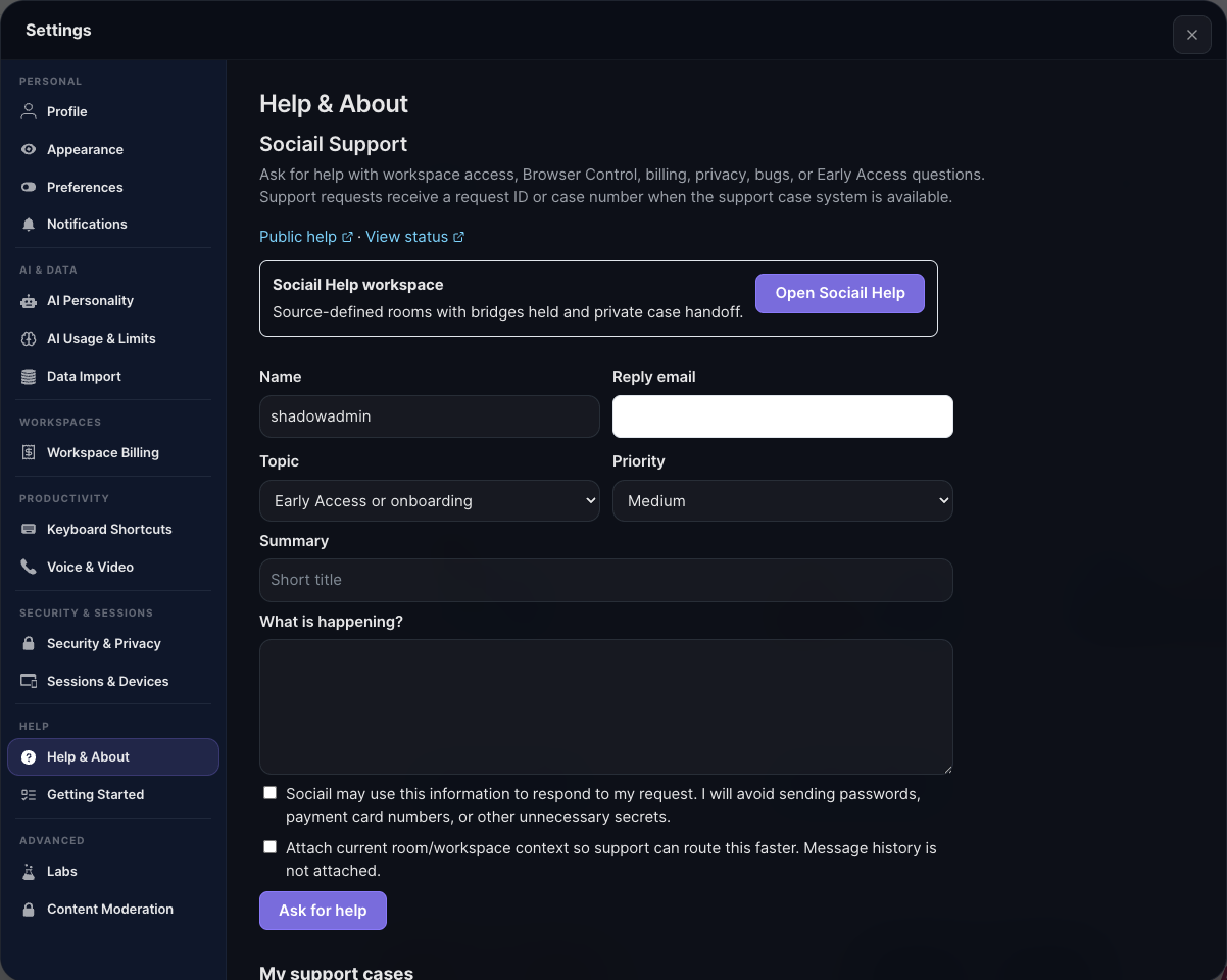 Sociail Help and About support settings proof