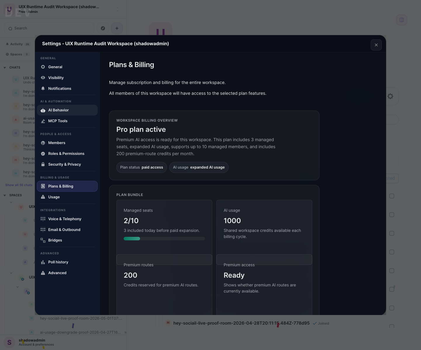 Sociail workspace plans and billing proof