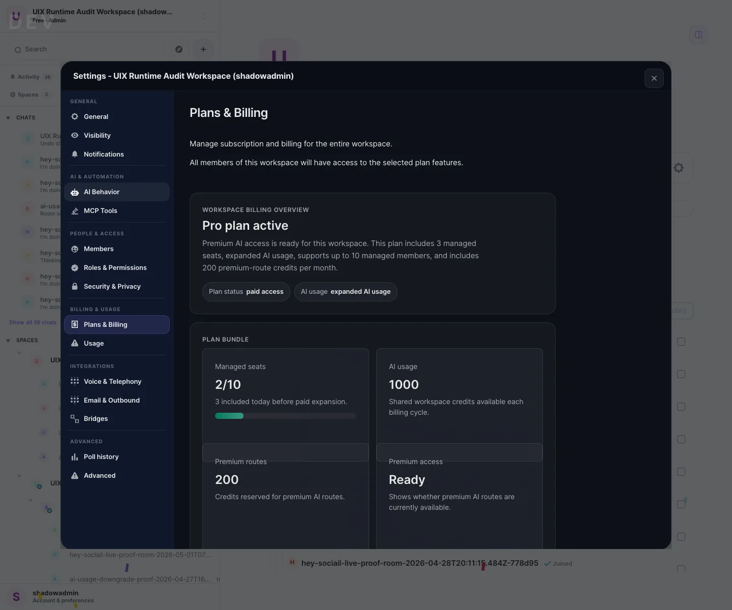 Sociail workspace plans and billing proof