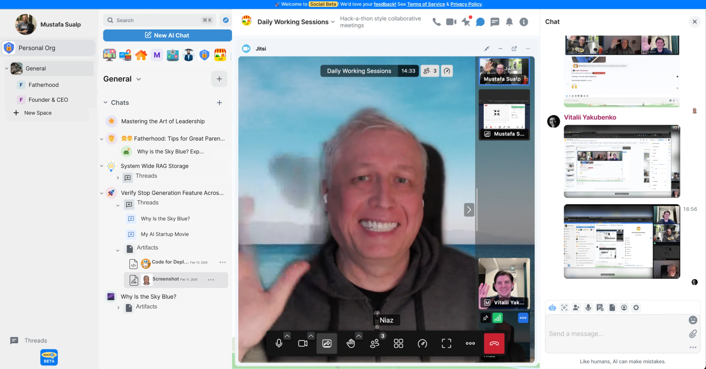 Sociail workspace showing the team standup with people, AI, video, chat, and artifacts together