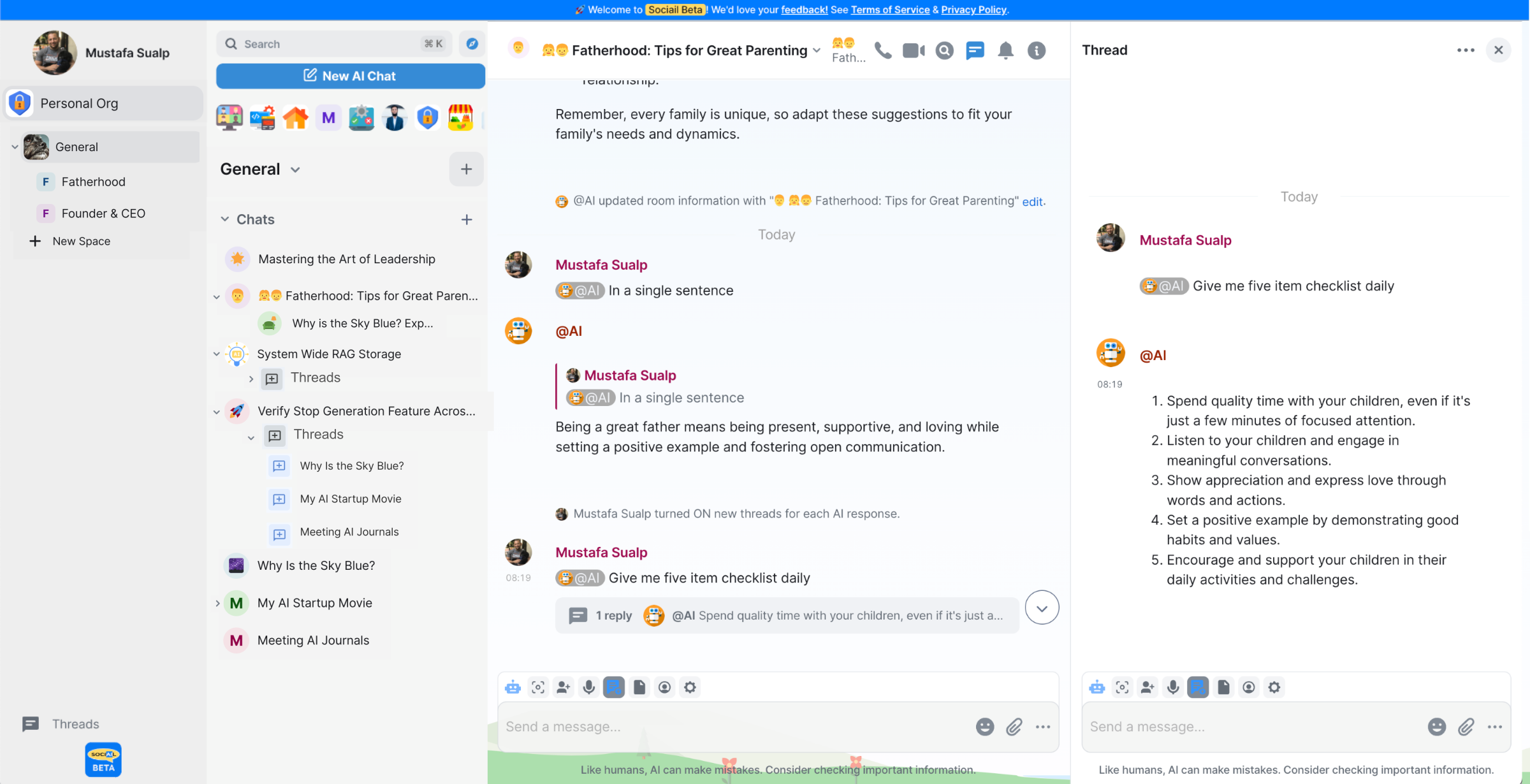 Sociail room showing chat with AI participants