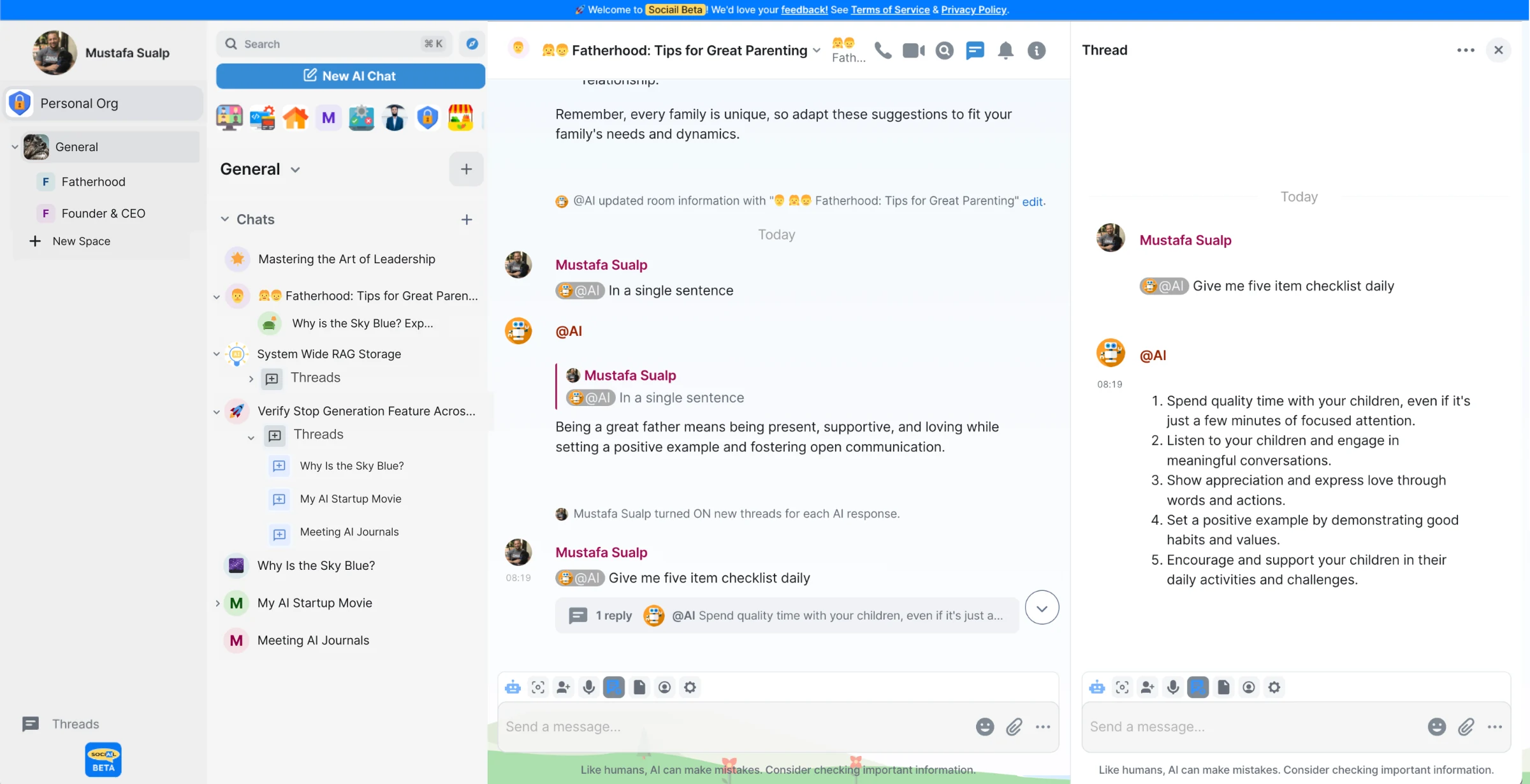 Sociail room showing chat with AI participants